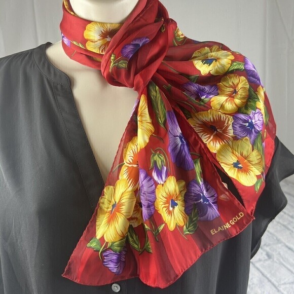 Vintage ELAINE GOLD Scarf Red Floral Poly Chiffon Rectangle Scarf 11"x 52"
